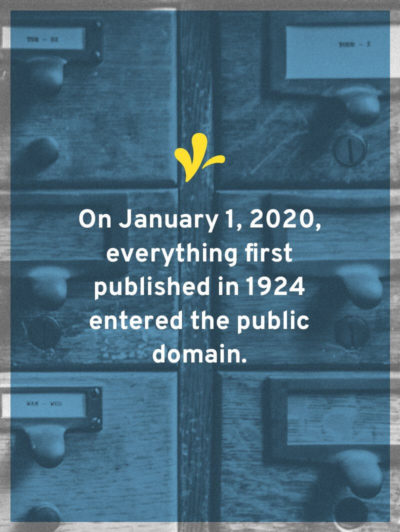 Card catalog with text "On January 1, 2020, everything first published in 1924 is in the public domain."
