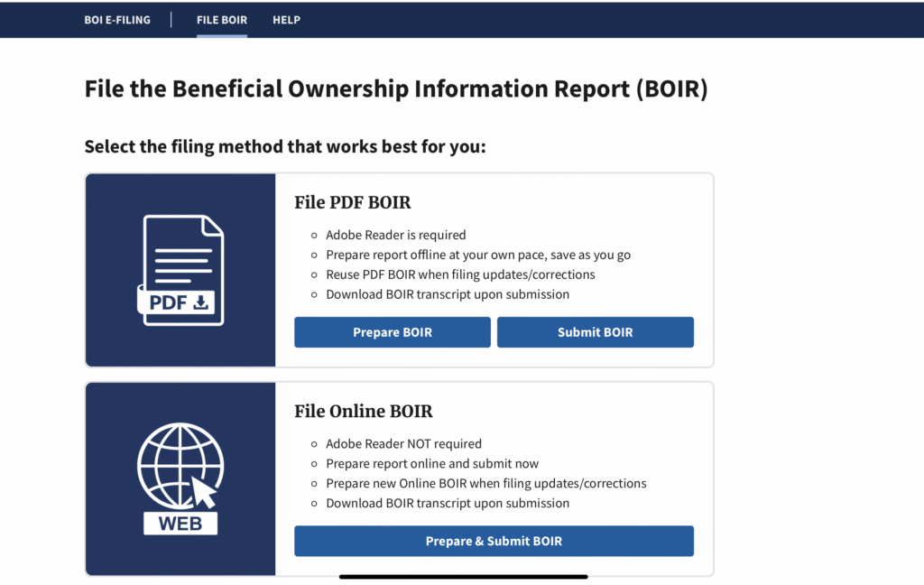 Screenshot of the Beneficial Ownership Information Report (BOIR) Filing page where you select the filing method