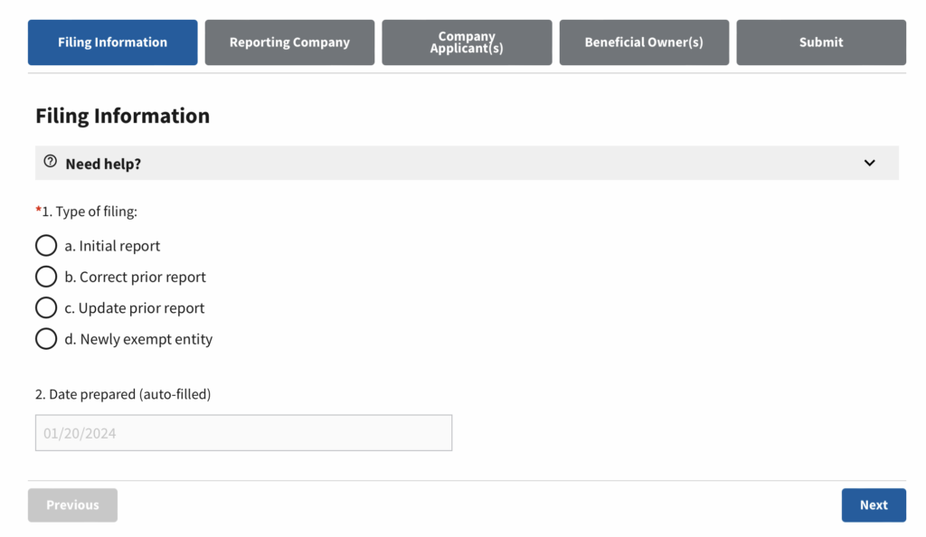 Screenshot of BOIR online filing where you select your initial report.