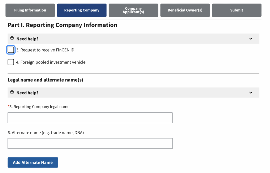 Screenshot of BOIR online filing where you provide information on the Reporting Company.