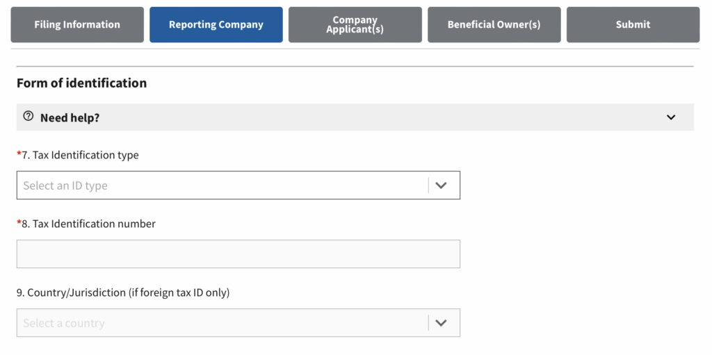 Screenshot of BOIR online filing where you provide information on the Reporting Company.
