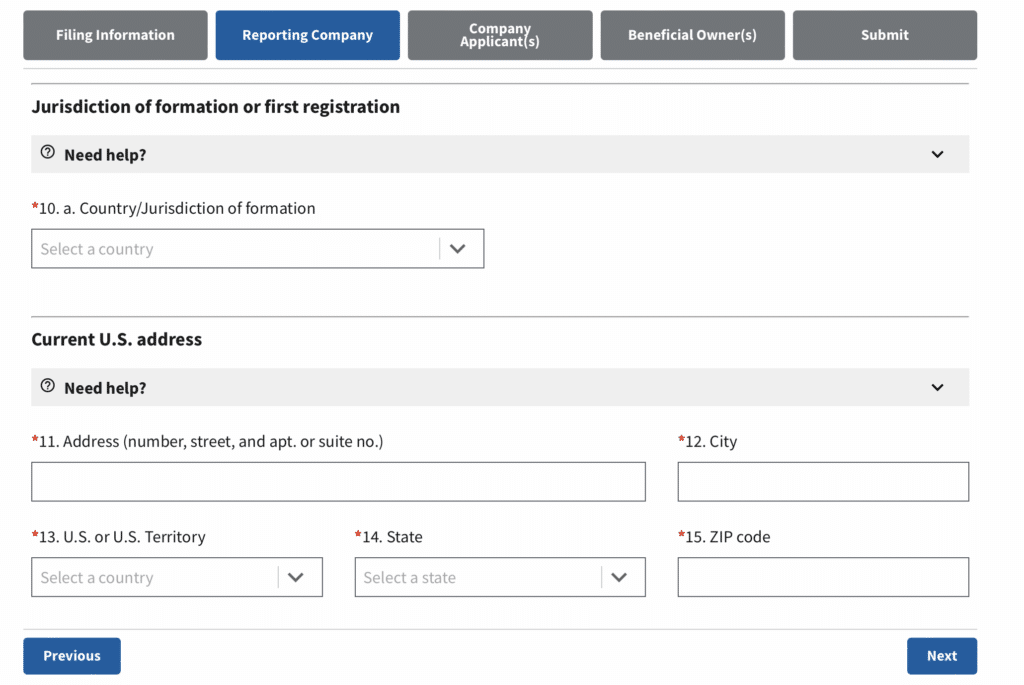 Screenshot of BOIR online filing where you provide information on the Reporting Company.