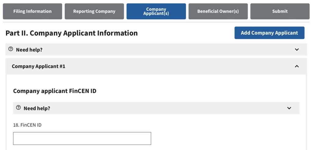 Screenshot of BOIR online filing where you provide information on the Company Applicant(s).