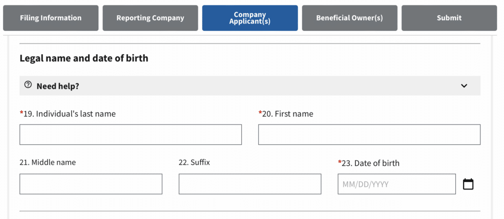 Screenshot of BOIR online filing where you provide information on the Company Applicant(s).