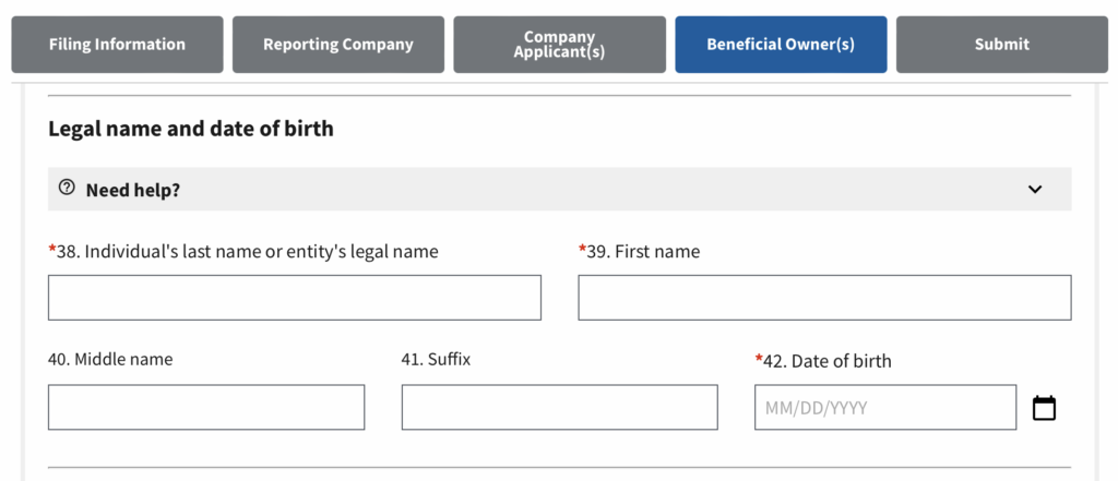 Screenshot of BOIR online filing where you provide information on the Beneficial Owner(s).