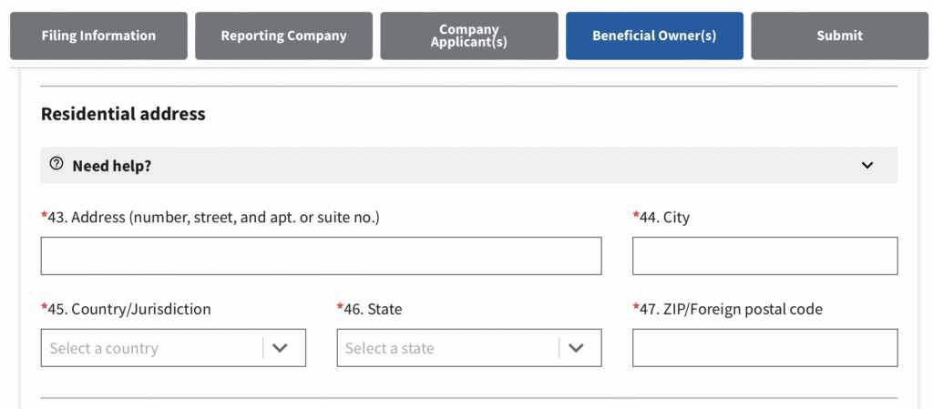 Screenshot of BOIR online filing where you provide information on the Beneficial Owner(s).