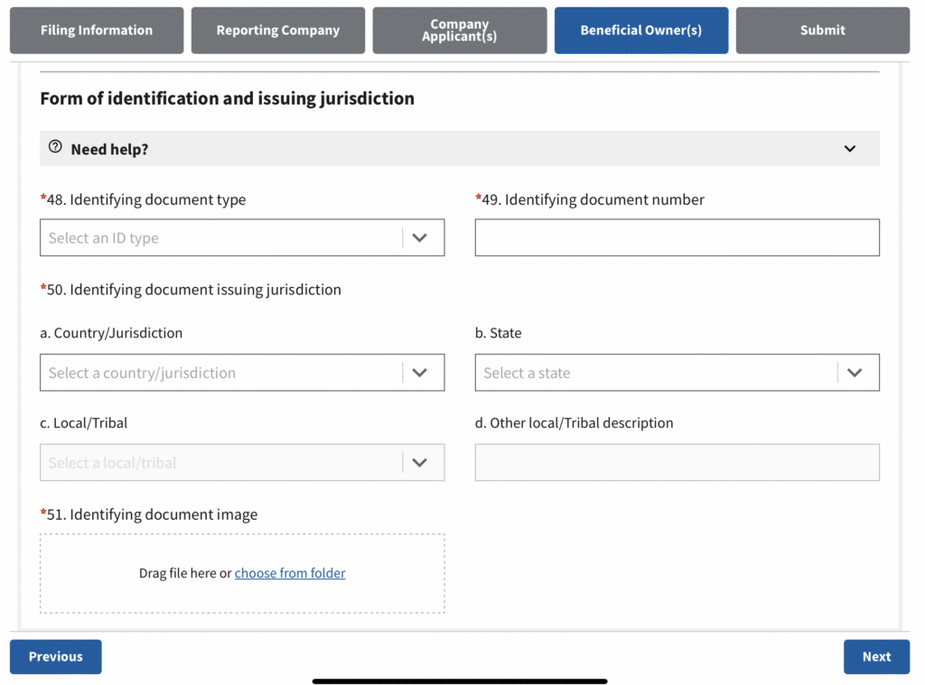 Screenshot of BOIR online filing where you provide information on the Beneficial Owner(s).