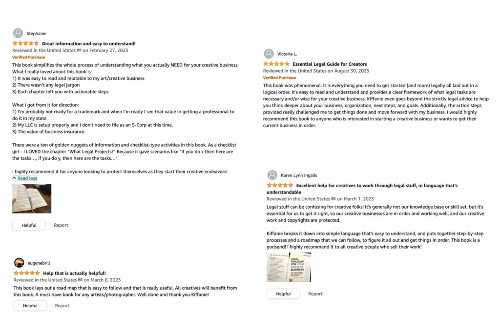 Screenshot of four 5-star Amazon reviews of the Legal Roadmap book